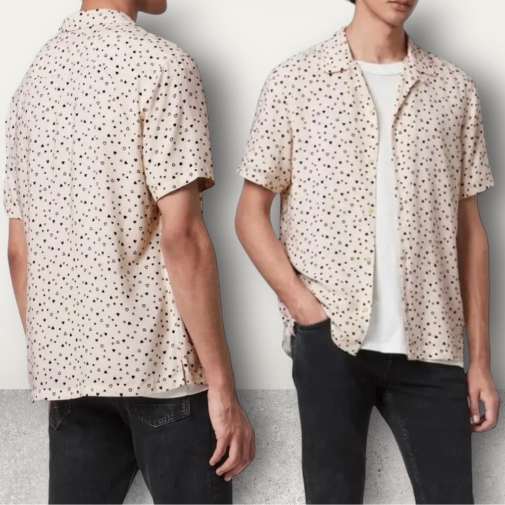 ALLSAINTS Amore Heart Print Short Sleeve Camp Button Shirt. XXL